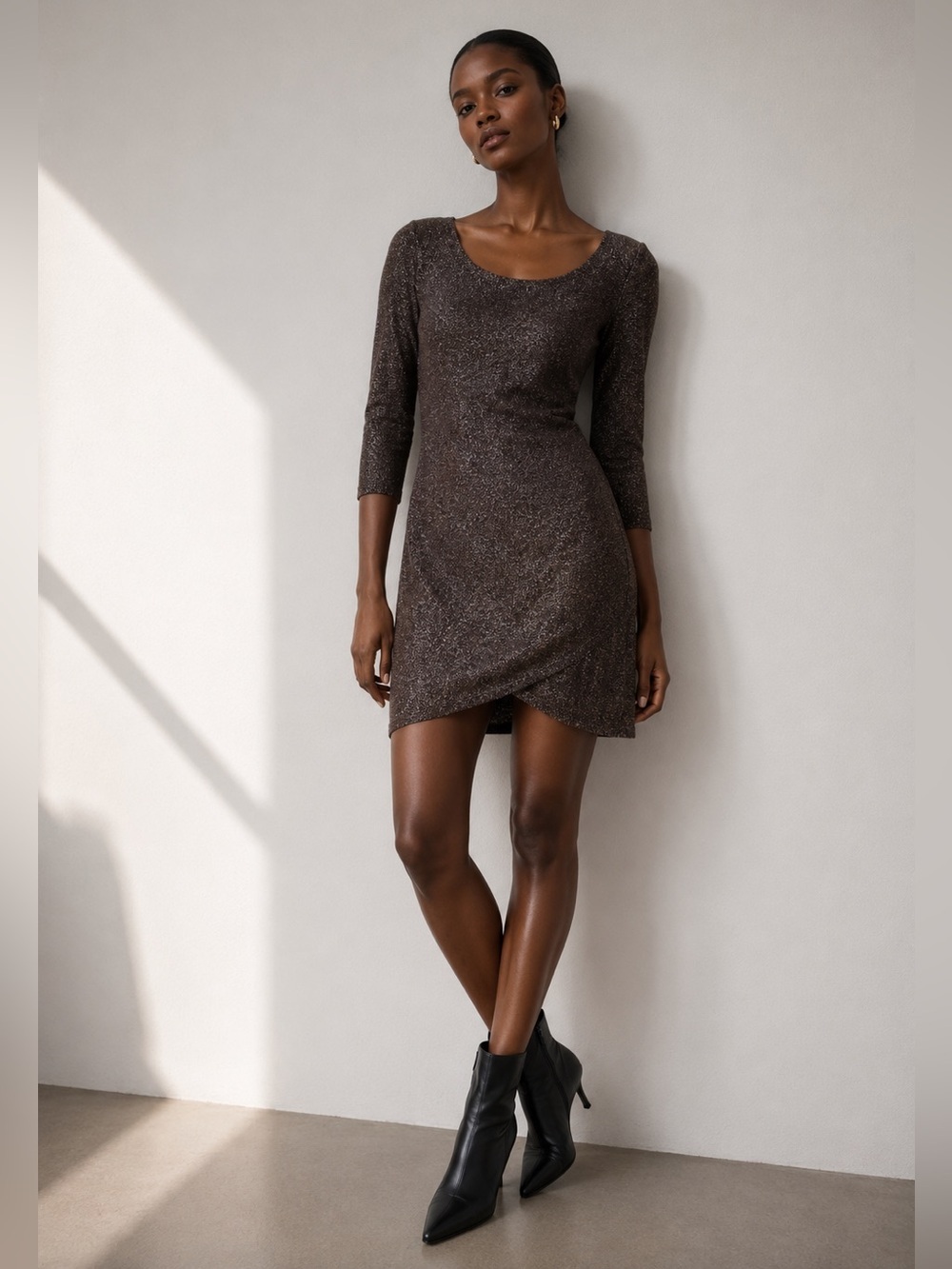 Tahari Metallic Bronze Long-sleeve Women's Ruched Mini Dress Size S NWT